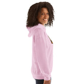 Light pink unisex hoodie with front graphic, kangaroo pocket, and drawstring hood