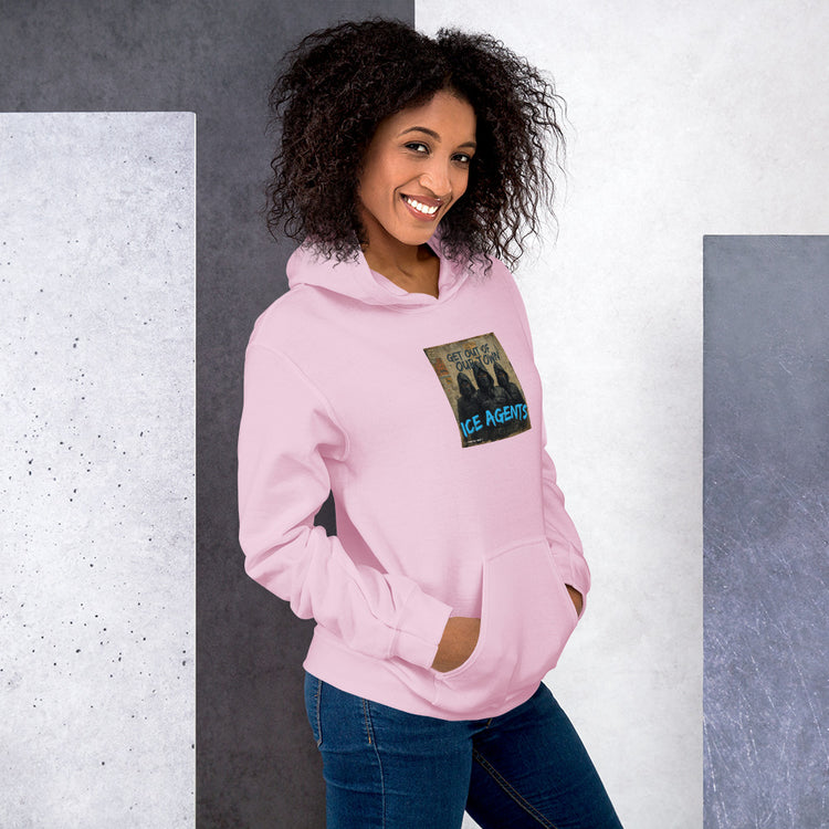 Light pink unisex hoodie, front pocket and chest print with hood