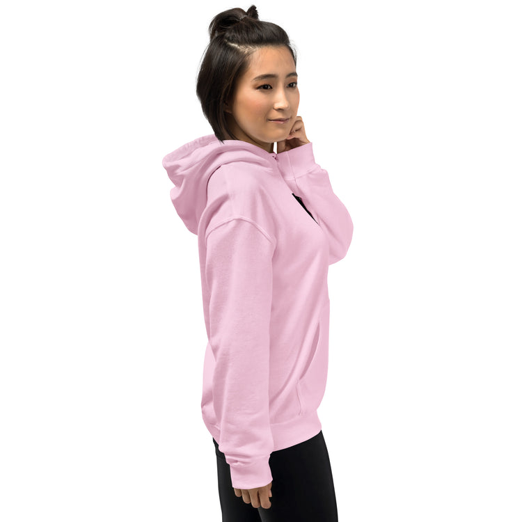 Light Pink unisex hoodie, side view with hood up and BELIEVE chest graphic
