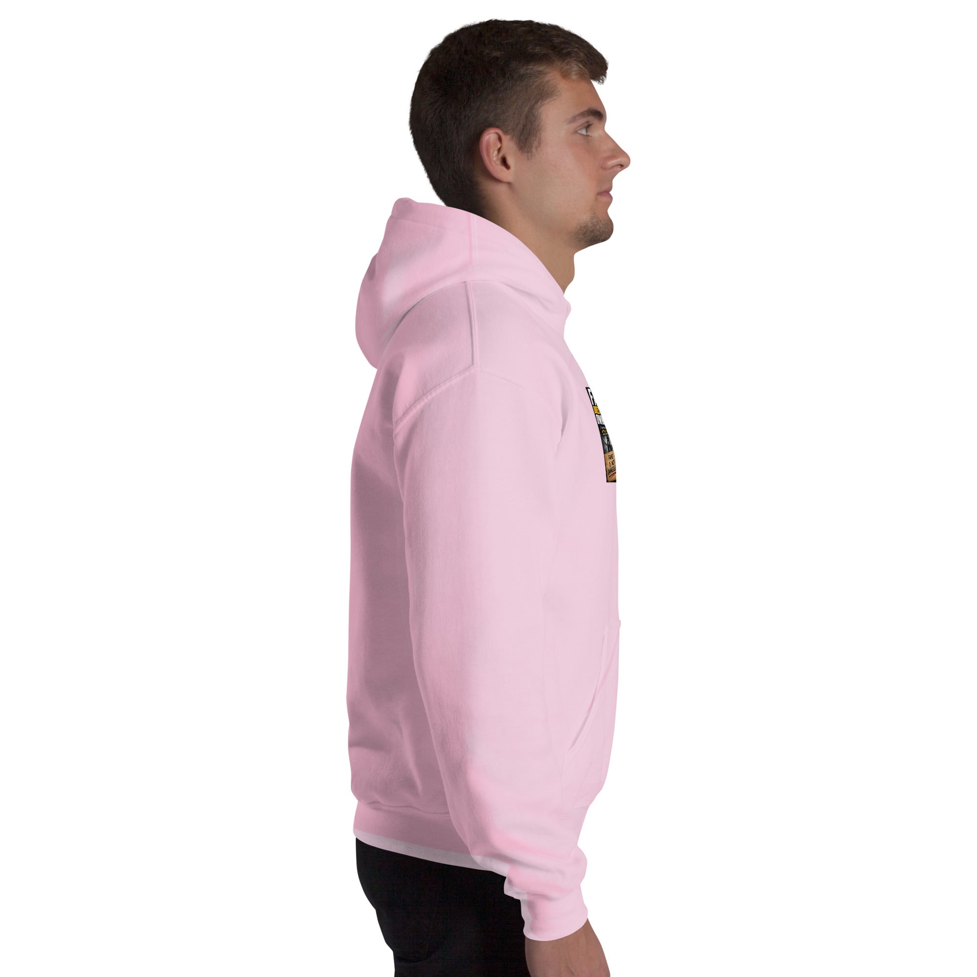 Light pink unisex hoodie from the side, showing hood and pocket opening