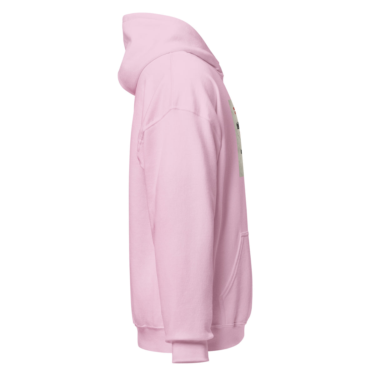 Light pink unisex pullover hoodie side view with hood and sleeve graphic strip