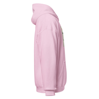 Light pink unisex pullover hoodie side view with hood and sleeve graphic strip