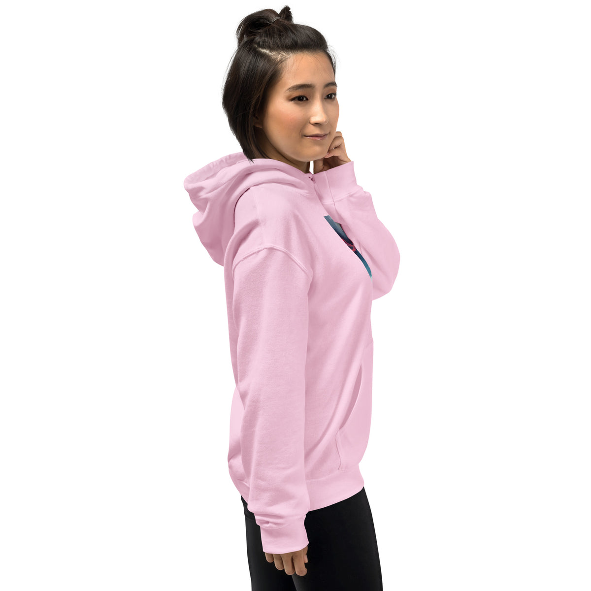 Light pink pullover hoodie with hood, kangaroo pocket, and chest graphic print