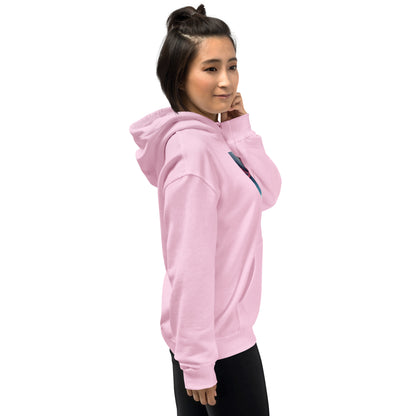 Light pink pullover hoodie with hood, kangaroo pocket, and chest graphic print