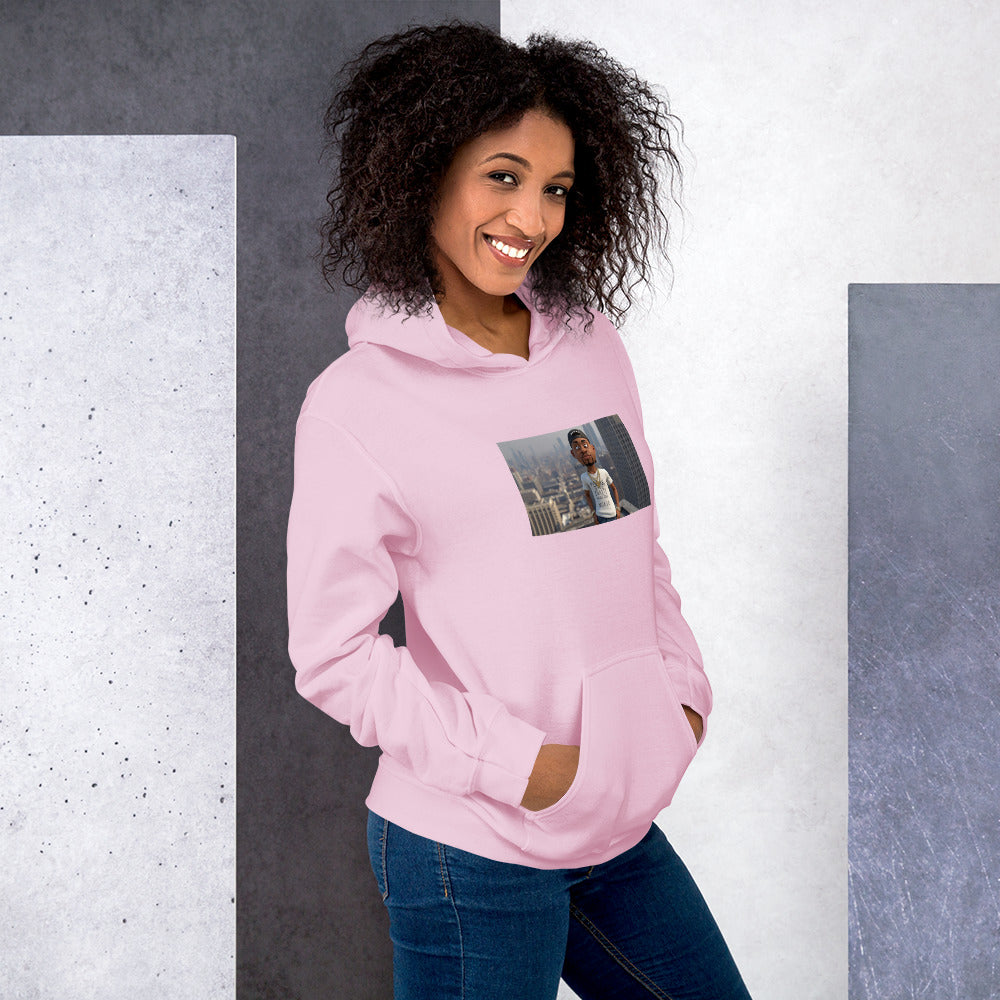 Light pink pullover hoodie with hood and front pocket, featuring a chest photo graphic.