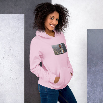 Light pink pullover hoodie with hood and front pocket, featuring a chest photo graphic.