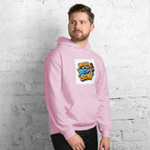Pink unisex pullover hoodie with chest graphic and kangaroo pocket