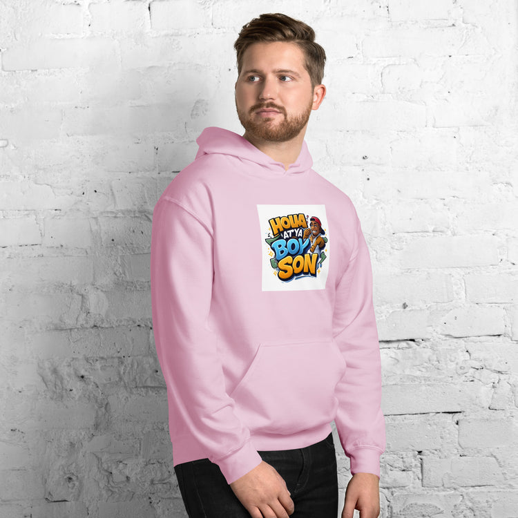 Pink unisex pullover hoodie with chest graphic and kangaroo pocket
