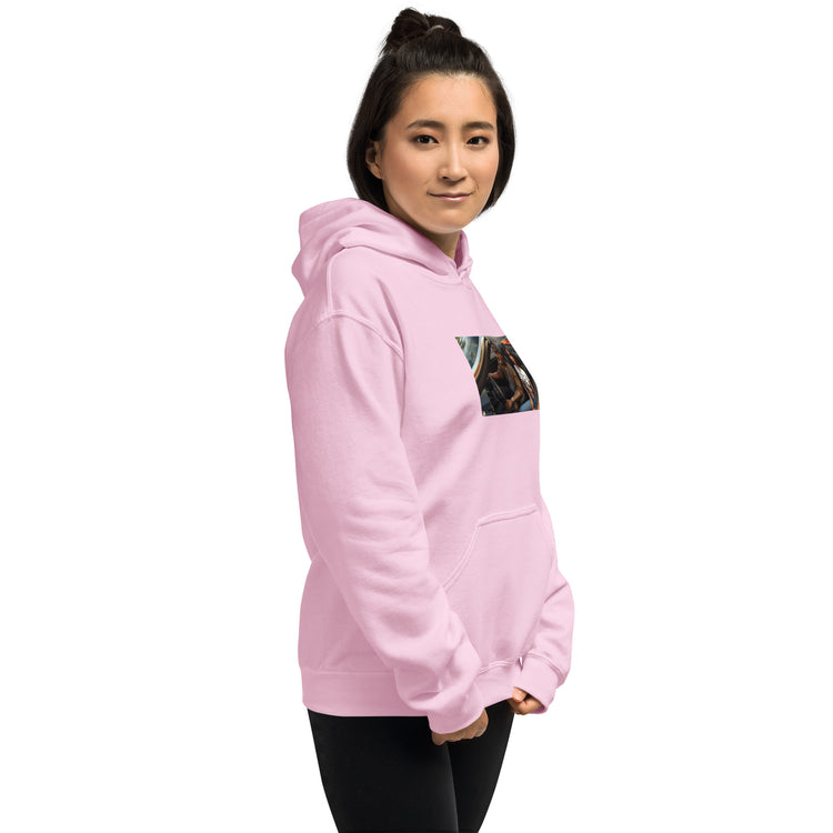 Unisex hoodie in light pink, front view with chest graphic panel; hood and pocket