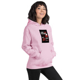 Unisex light pink hoodie with hood, kangaroo pocket, and chest graphic print