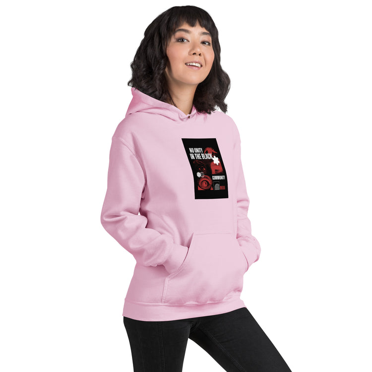 Unisex light pink hoodie with hood, kangaroo pocket, and chest graphic print