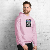 Unisex hoodie, pink, front view with chest graphic and kangaroo pocket.