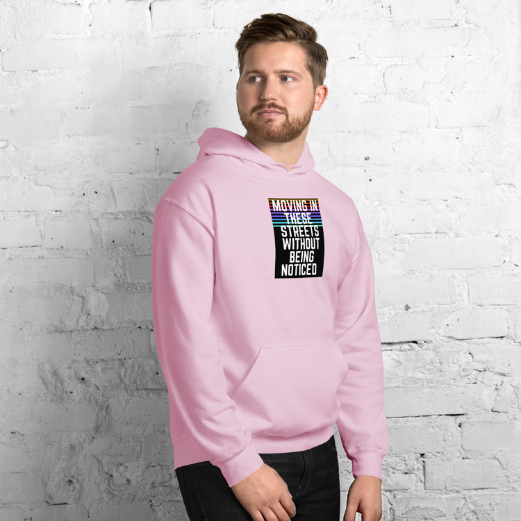 Unisex hoodie, pink, front view with chest graphic and kangaroo pocket.
