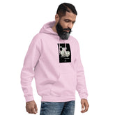 Light pink unisex hoodie with front graphic and pouch pocket, long sleeves