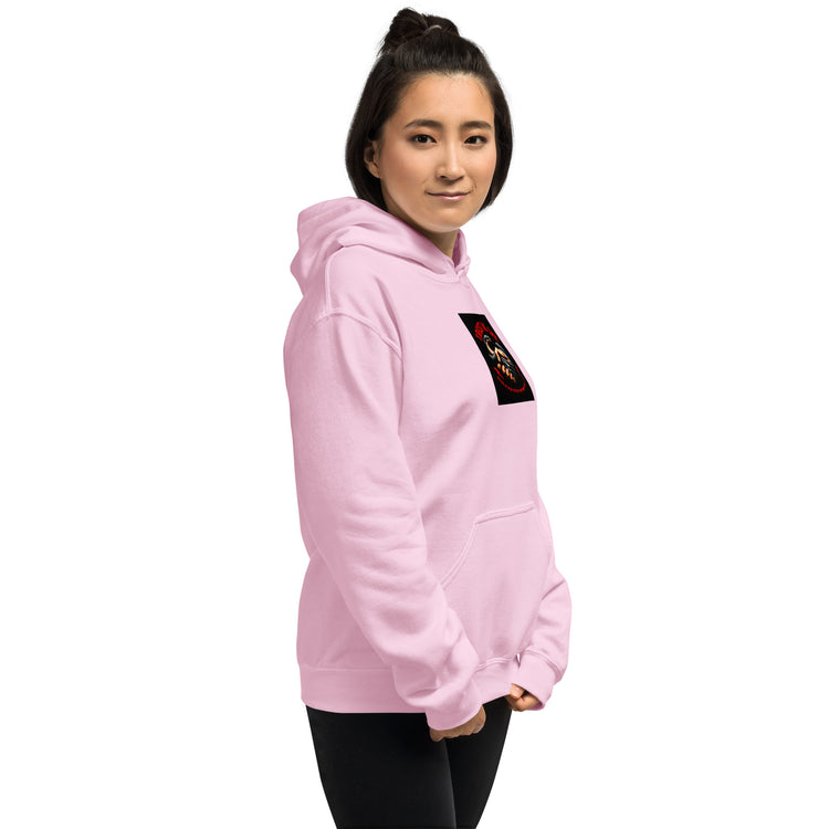 Light pink unisex hoodie with hood, kangaroo pocket, and chest print