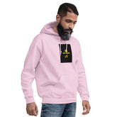 Unisex hoodie in light pink, front view with hood and kangaroo pocket