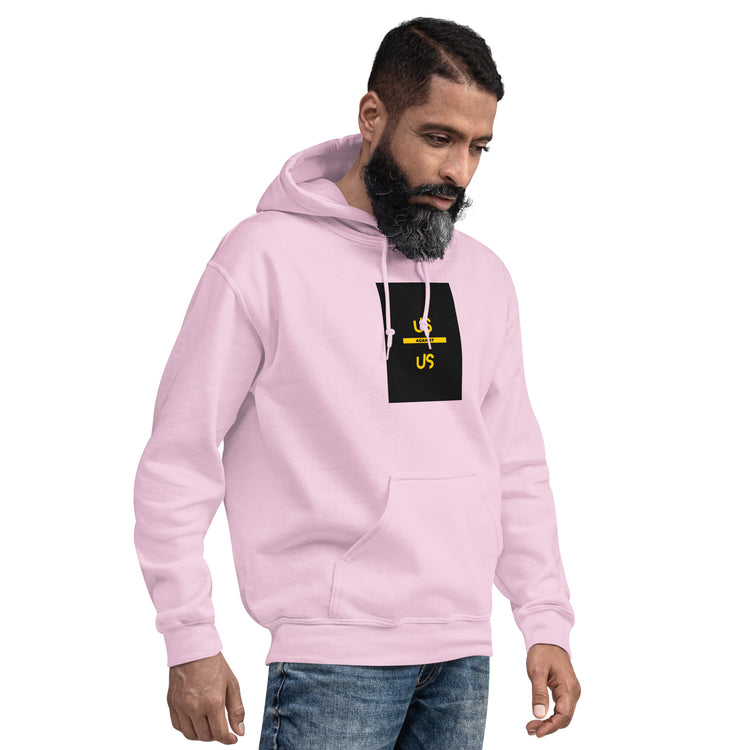 Unisex hoodie in light pink, front view with hood and kangaroo pocket