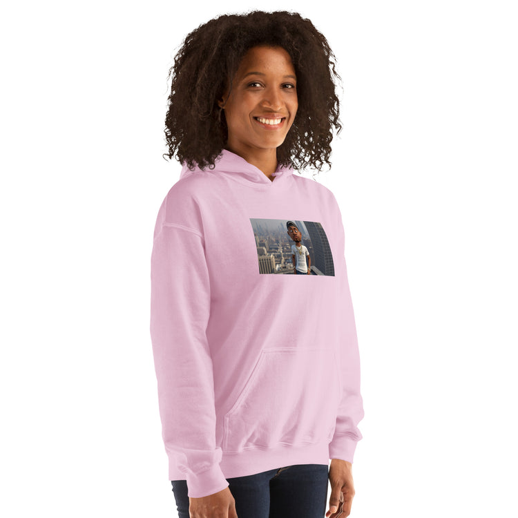 Light pink unisex pullover hoodie front view with hood and central graphic print