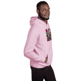 Pink unisex hoodie front and side view with graphic print and kangaroo pocket
