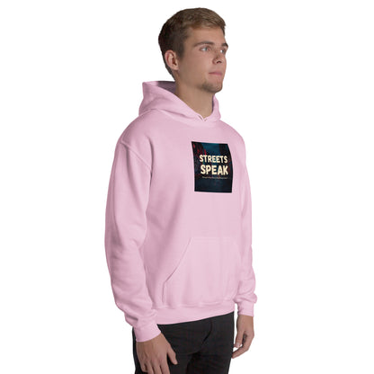 Pink unisex hoodie with front logo patch and kangaroo pocket