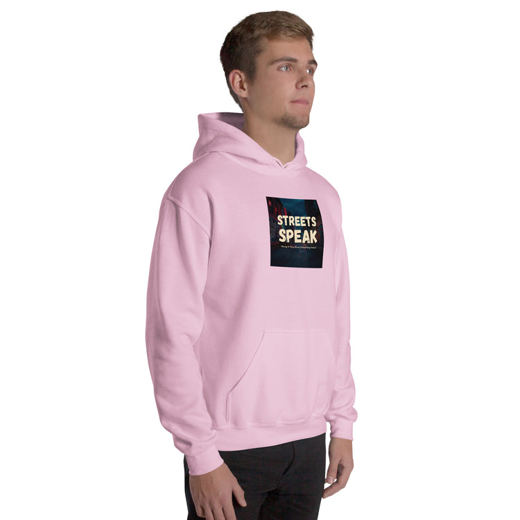 Light pink unisex hoodie with hood and kangaroo pocket, chest square logo graphic.