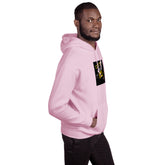 Light pink unisex hoodie with front graphic, other side profile
