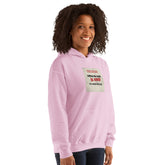Light Pink hoodie close front view with chest graphic and kangaroo pocket.