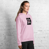 Light pink unisex hoodie with drawstring hood and front logo patch