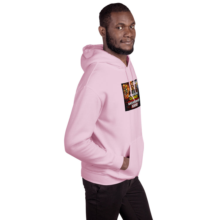 Light pink unisex hoodie with side graphic print and hood, three-quarter view