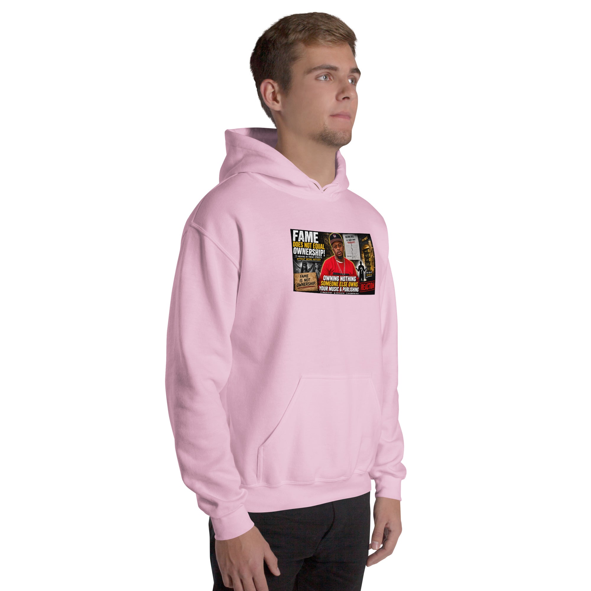 Light pink unisex hoodie with front graphic, hood, and kangaroo pocket