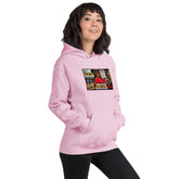 Light pink hoodie with chest graphic, front kangaroo pocket and drawstring hood