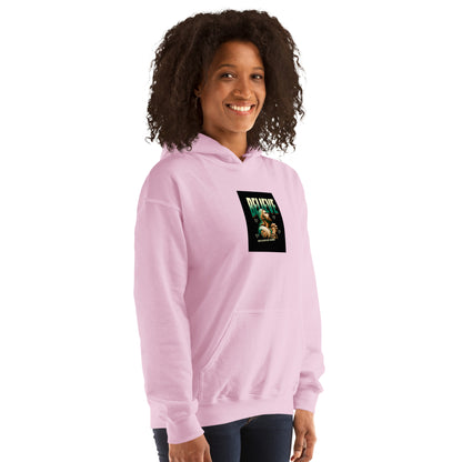 Light pink pullover hoodie with hood and chest logo graphic, front view