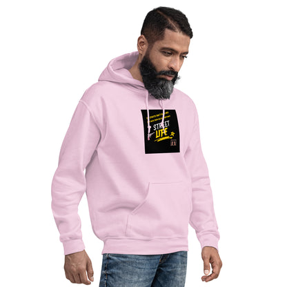 Light pink pullover hoodie with hood drawstrings, kangaroo pocket, and square front graphic logo.