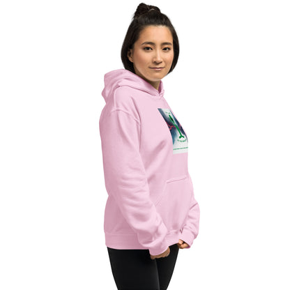 Light pink pullover hoodie with hood, kangaroo pocket, and chest graphic on front