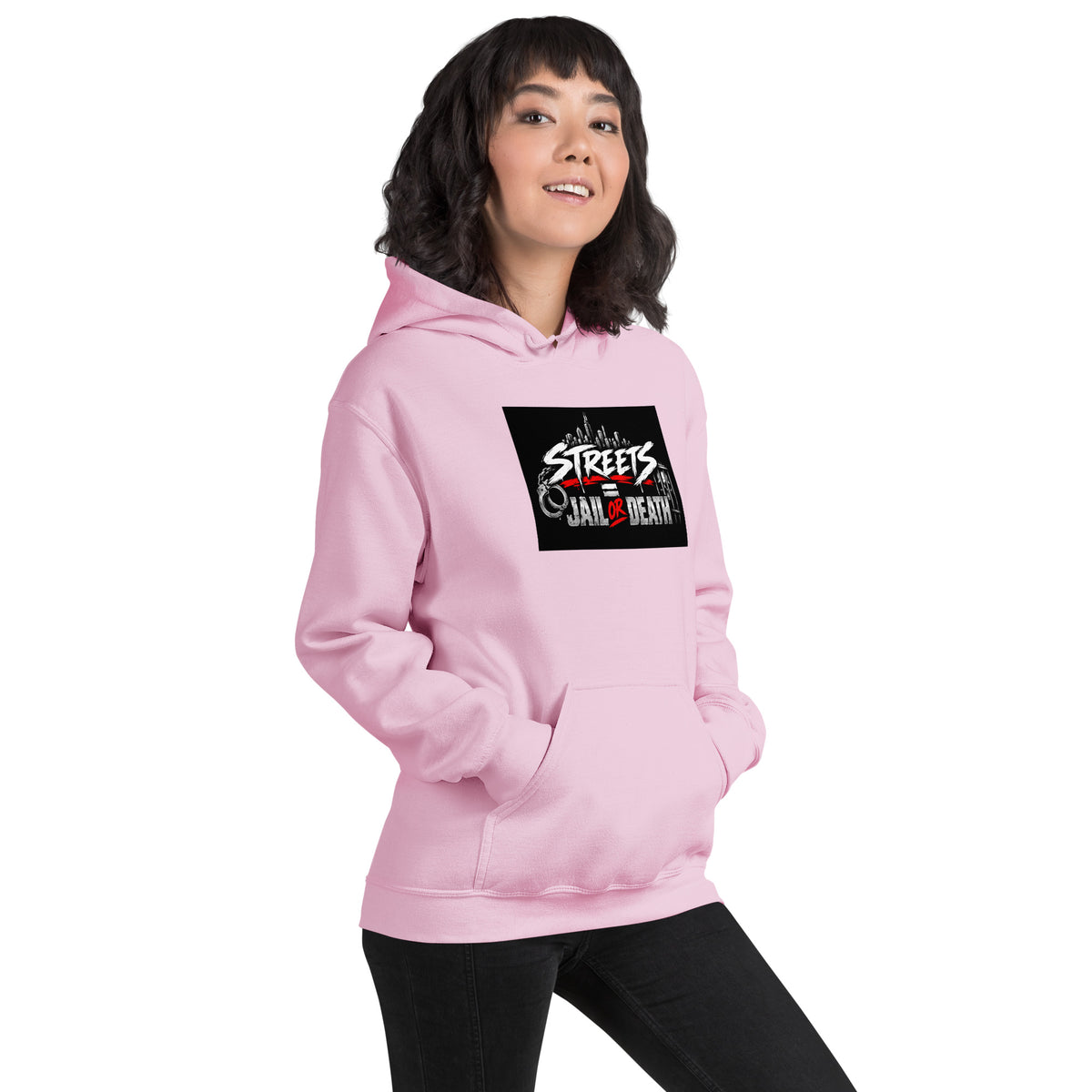 Unisex pink hoodie with hood and front pocket; chest graphic and drawstring visible.