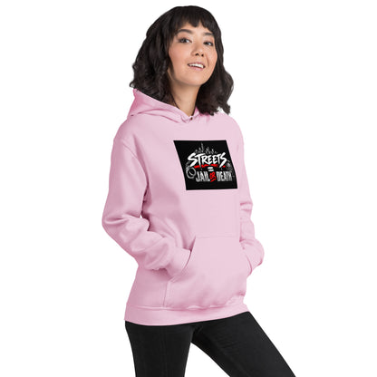Unisex pink hoodie with hood and front pocket; chest graphic and drawstring visible.