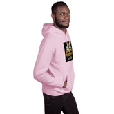 Light pink unisex hoodie side profile with logo graphic