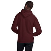 Maroon unisex pullover hoodie with hood, rear side view, full sleeves and hem.