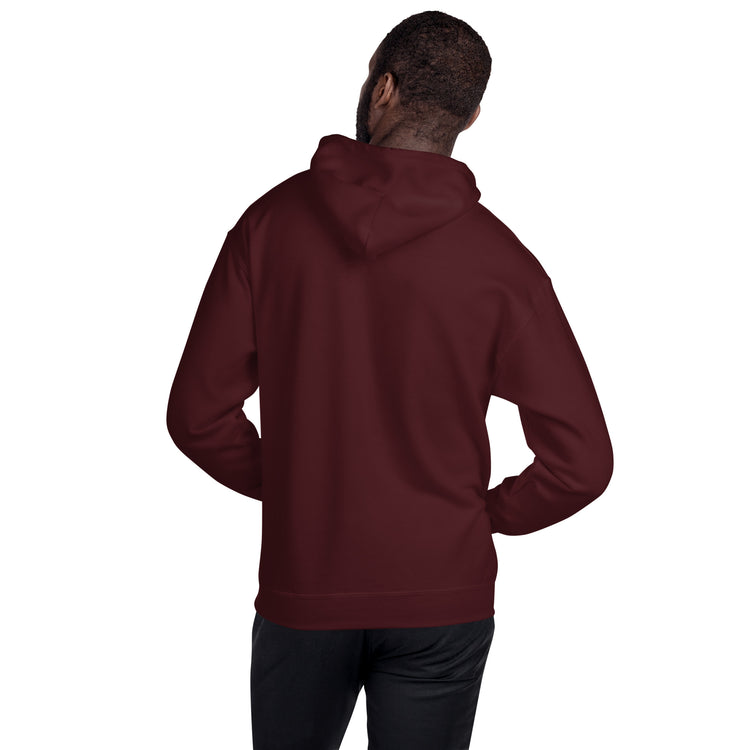 Maroon unisex pullover hoodie with hood, model back view