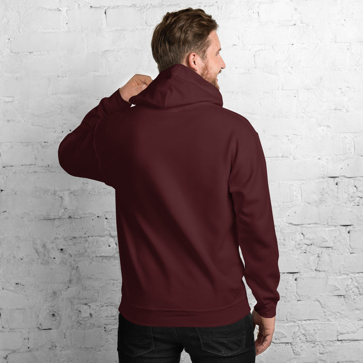 Maroon unisex hoodie back view with hood and kangaroo pocket.