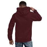 Maroon unisex hoodie shown from back with hood and full-length sleeves.