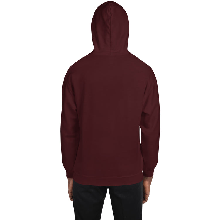Maroon unisex pullover hoodie with hood and kangaroo pocket, back view