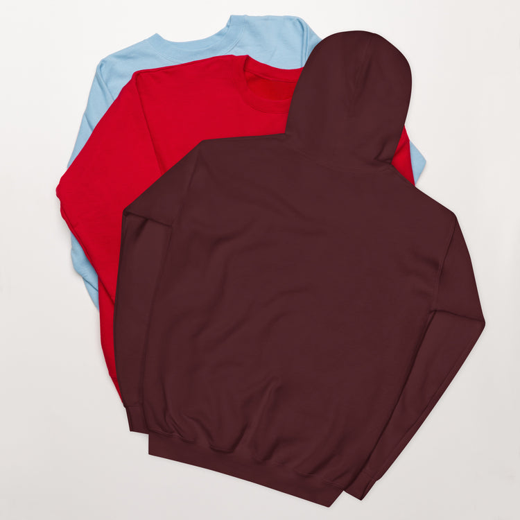 Maroon hoodie, front view with hood up and front pocket