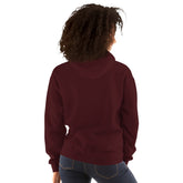 Maroon unisex hoodie back view with hood and kangaroo pocket