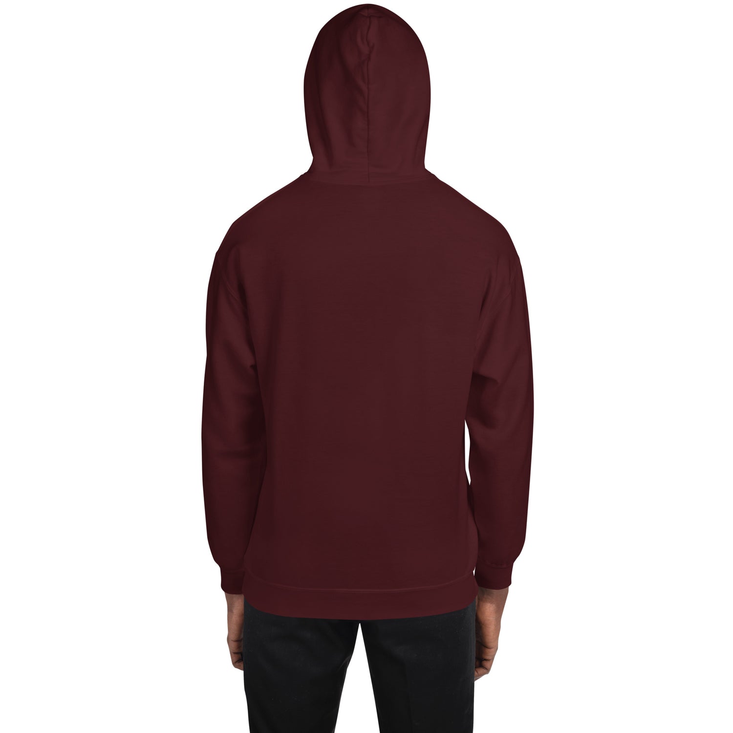 Maroon unisex hoodie, back view with hood and long sleeves