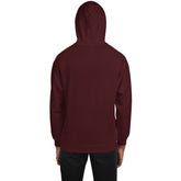 Maroon unisex pullover hoodie with hood, back view