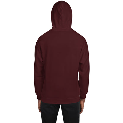 Maroon unisex hoodie, back view with hood and long sleeves