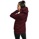 Unisex maroon hoodie with hood, back view, kangaroo pocket