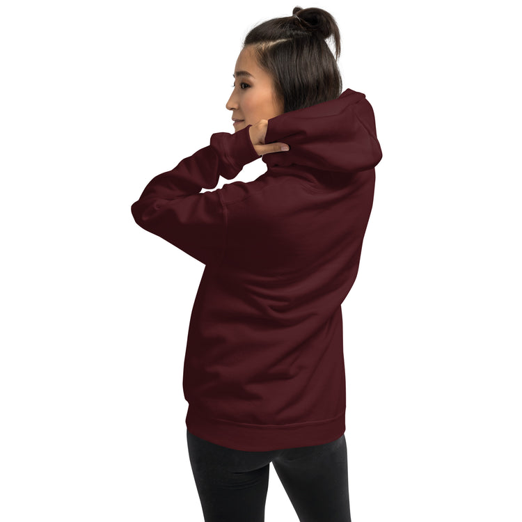 Unisex maroon hoodie with hood, back view, kangaroo pocket
