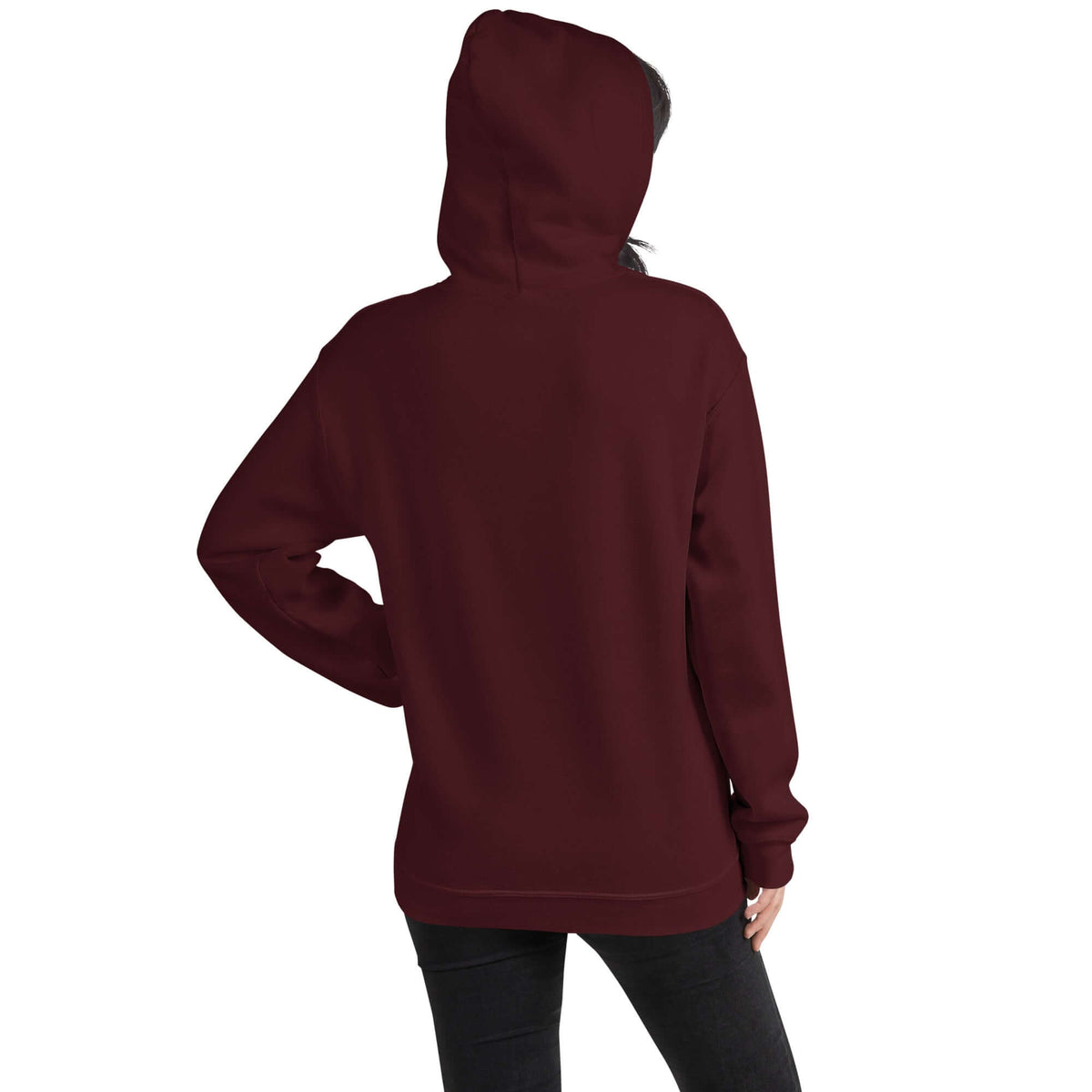 Maroon pullover hoodie back view with drawstring hood and kangaroo pocket.
